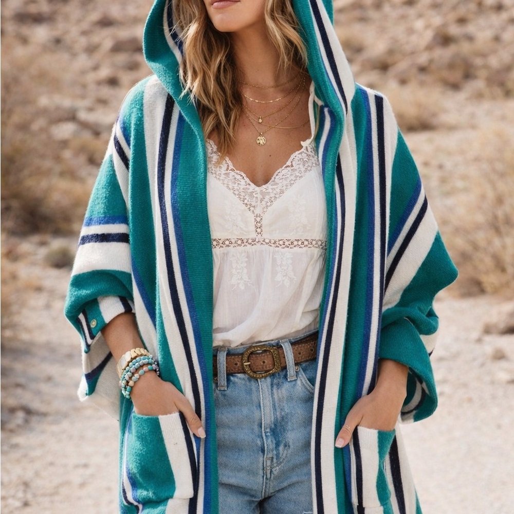 Free People Teal and White Striped Sweatshirt